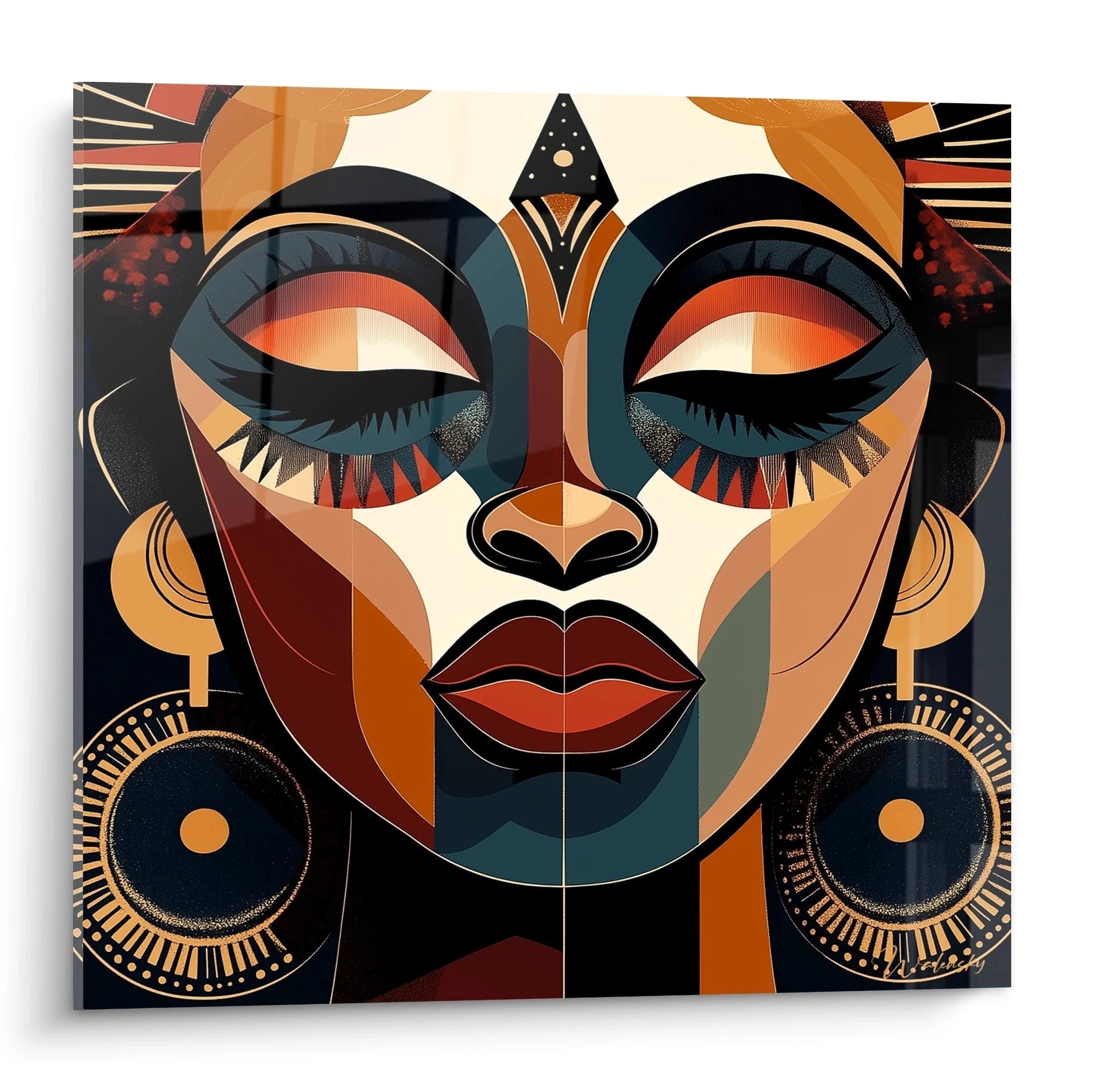 Tableau africain mural Walensky représentant un visage féminin stylisé aux couleurs chaudes et motifs géométriques
