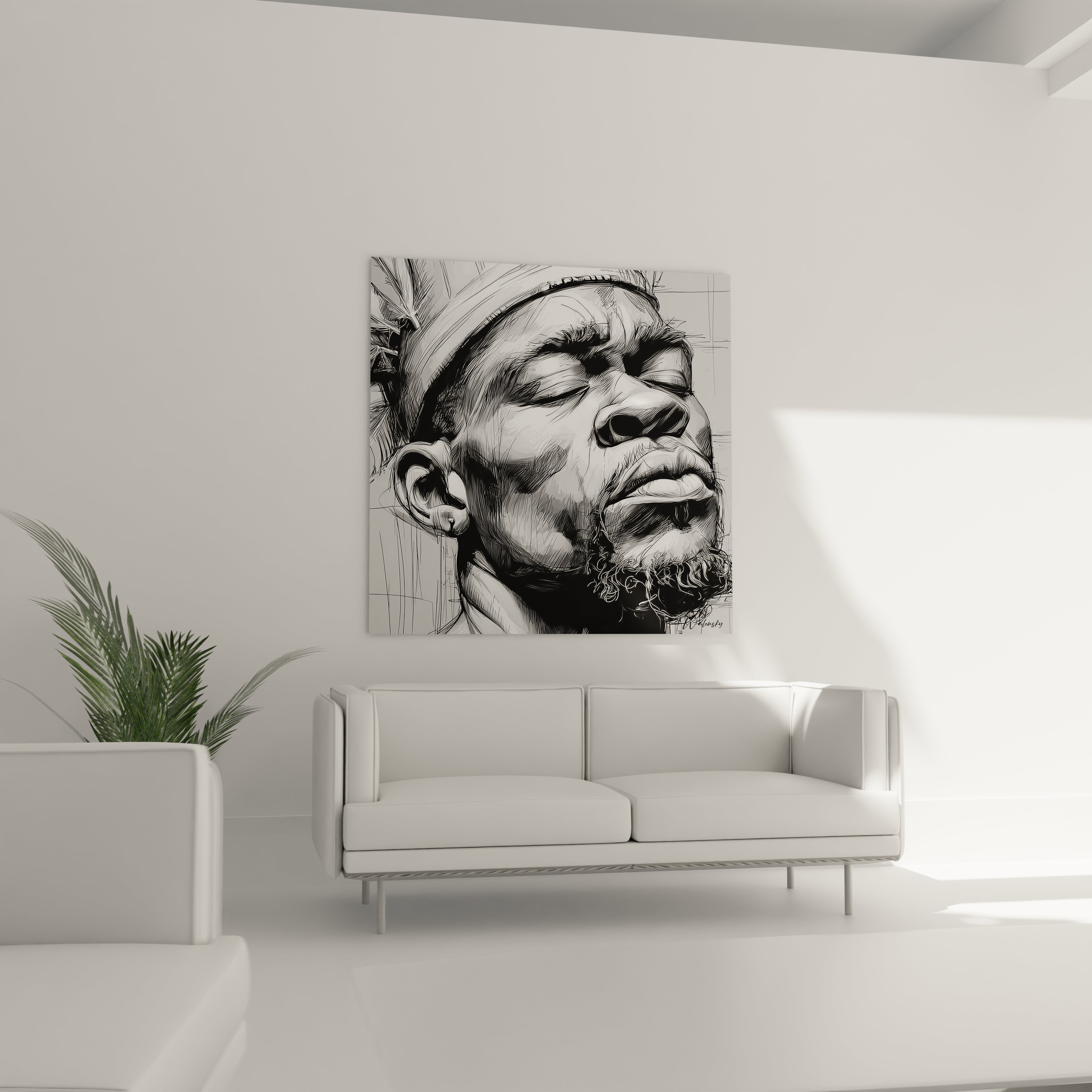 Tableau visage africain en noir et blanc, représentant un homme pensif sur un mur moderne.