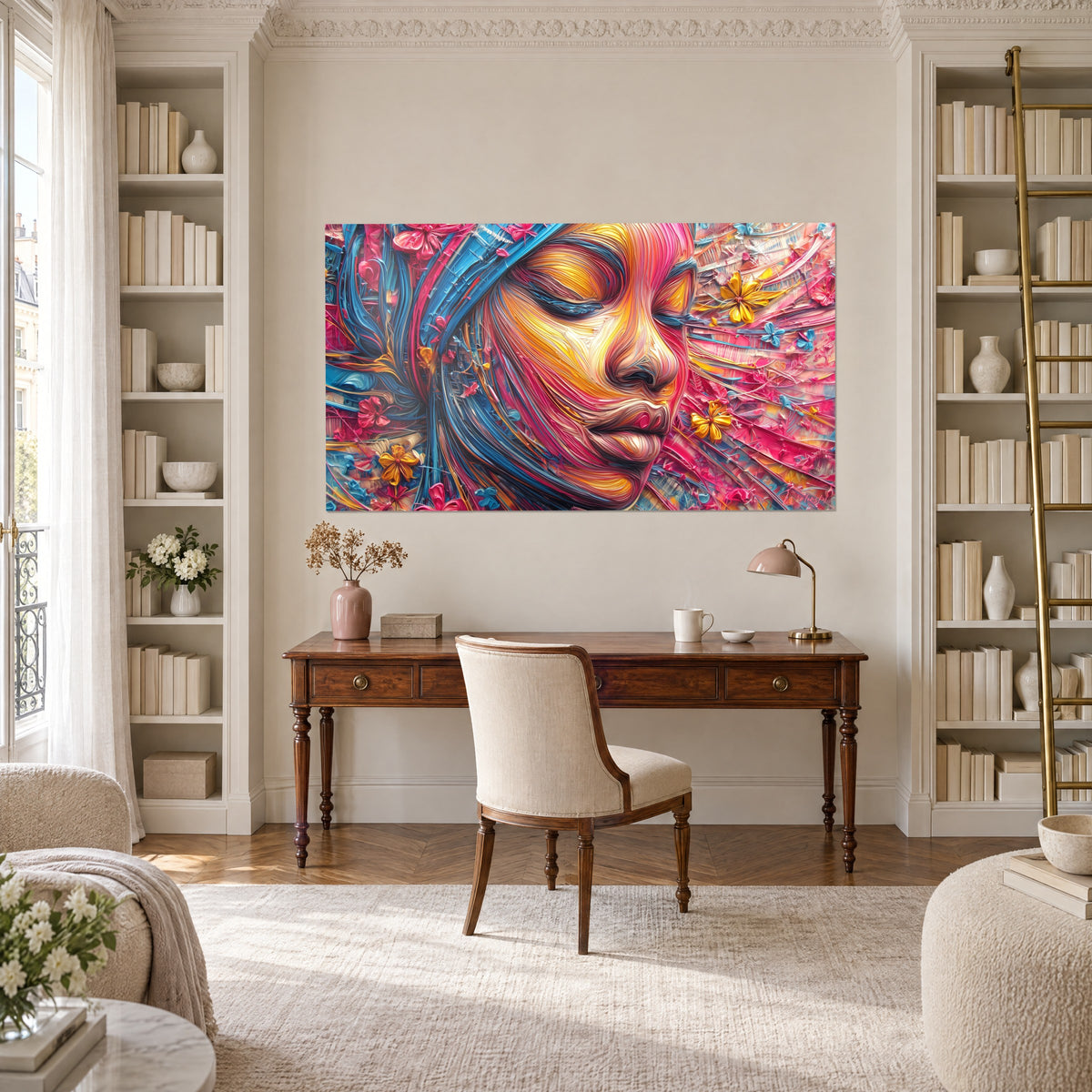 Cuadro musa con los ojos cerrados, volutas de pintura magenta y oro, pañuelo azul, entre dos estanterías de un despacho de madera