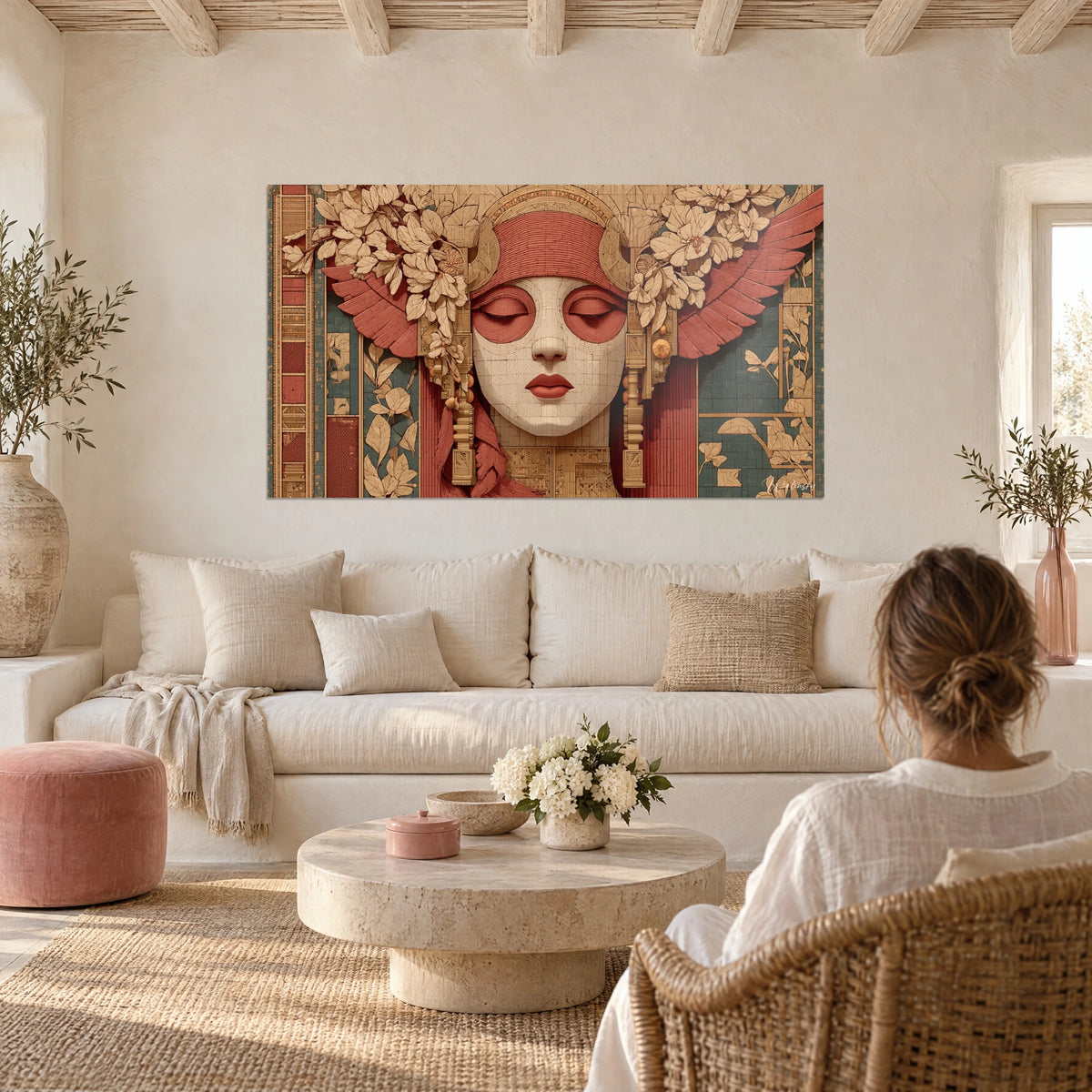 Cuadro rostro de diosa alada con párpados cerrados, alas rojo ladrillo y flores color arena, encima de un sofá en un salón luminoso