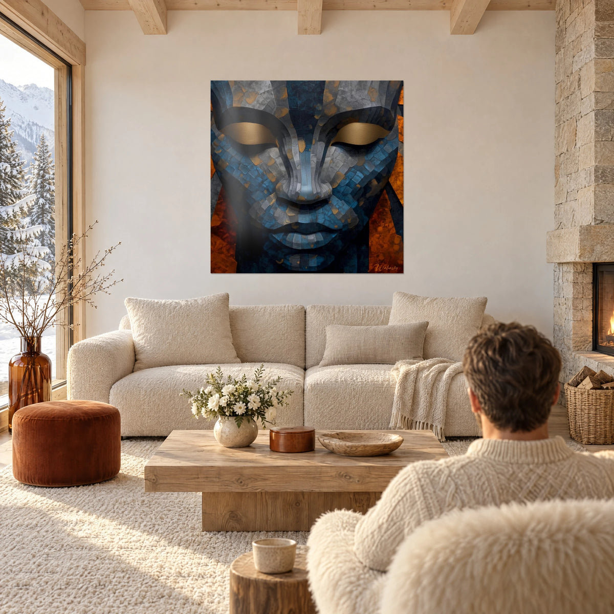 Cuadro rostro de mosaico azul acero con párpados dorados, fondo cobre, una persona de espaldas sobre un sofá en un salón luminoso
