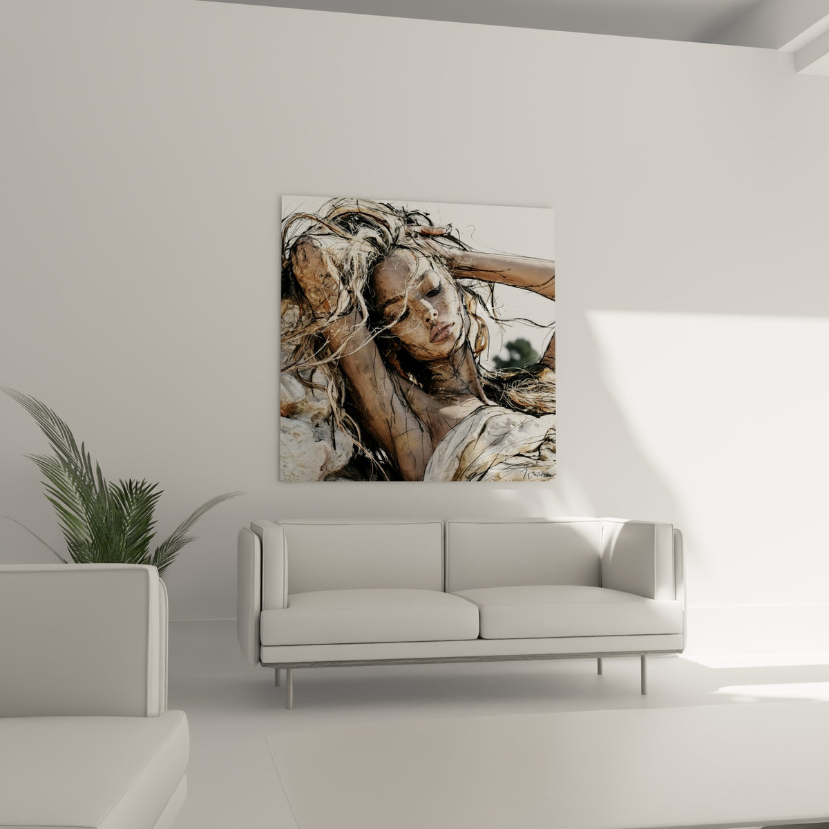 Femme au visage renversé, tons dorés et noirs entrelacés, au-dessus d'un canapé dans un salon lumineux