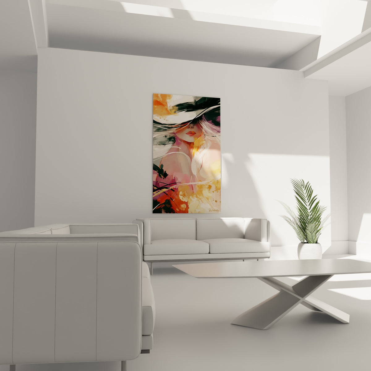 Portrait abstrait aux teintes anthracite et terracotta suspendu au-dessus d'un canapé dans un salon lumineux