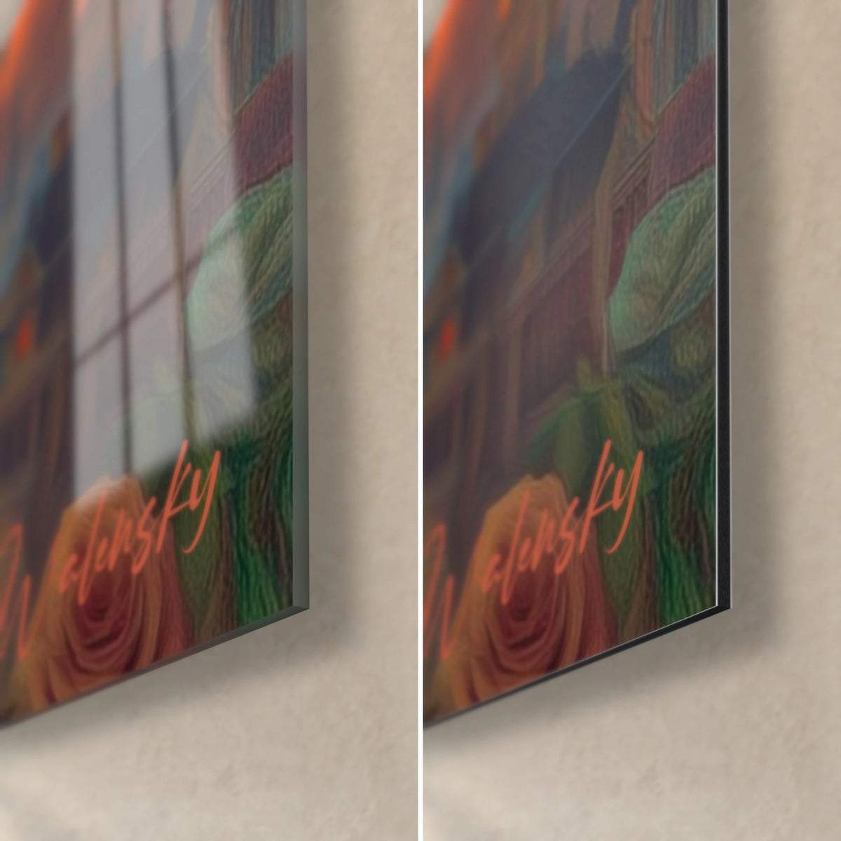 Cuadro cabeza-árbol con rosa roja, firma naranja, esquina de cristal brillante abajo a la derecha que refleja la ventana y aluminio Dibond mate
