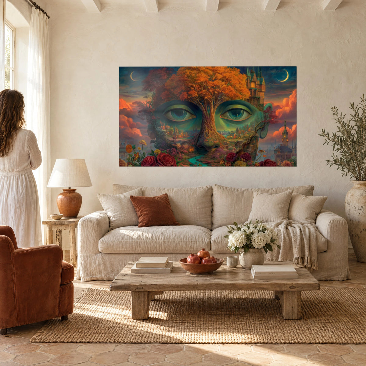 Gemälde Gesicht-Landschaft mit großen grünen Augen und orangefarbenem Laub, Rückenfigur, über einem Sofa in einem hellen Wohnzimmer