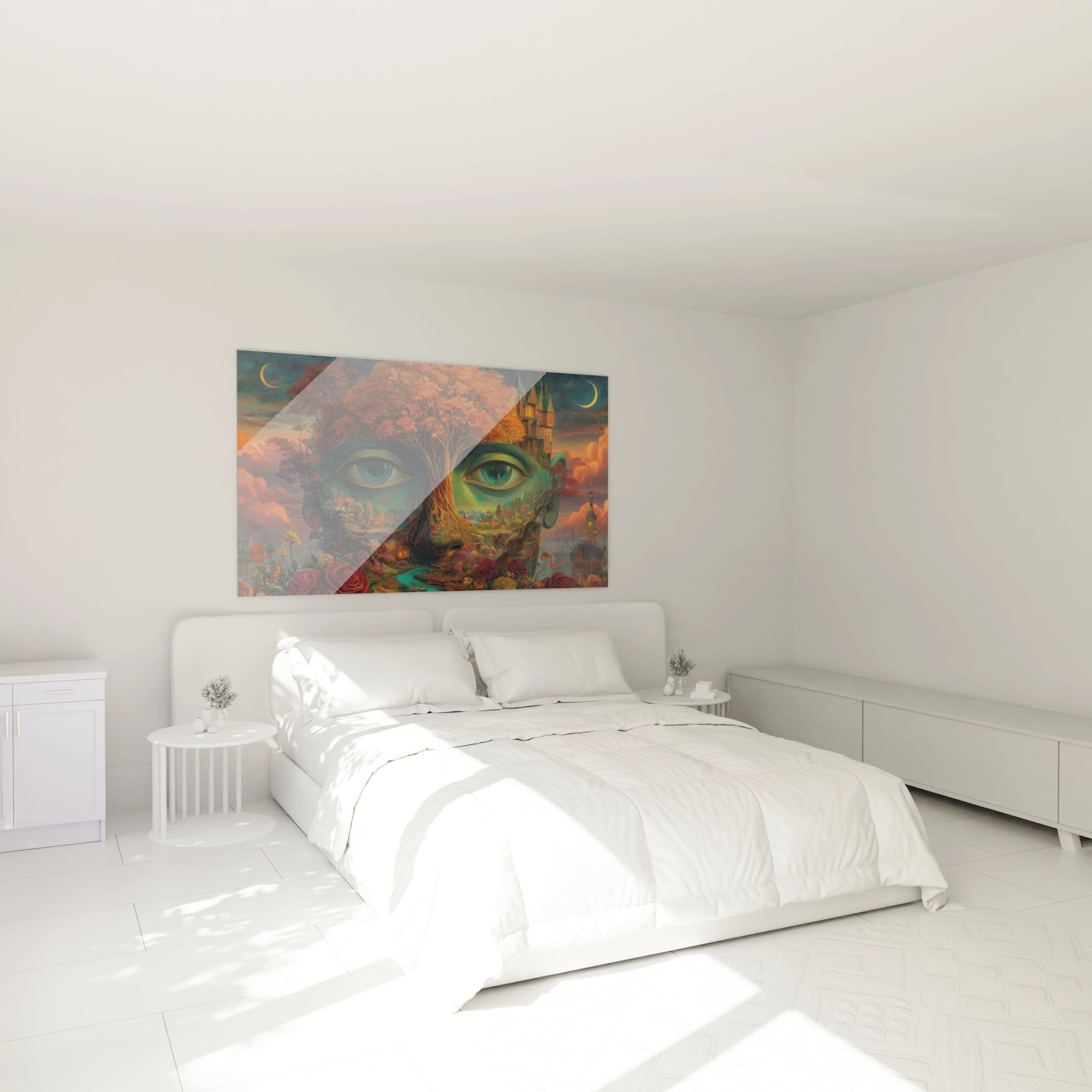 Tableau mural Walensky montrant un tableau surréaliste visage arbre aux yeux verts et motifs colorés au dessus d'un lit blanc