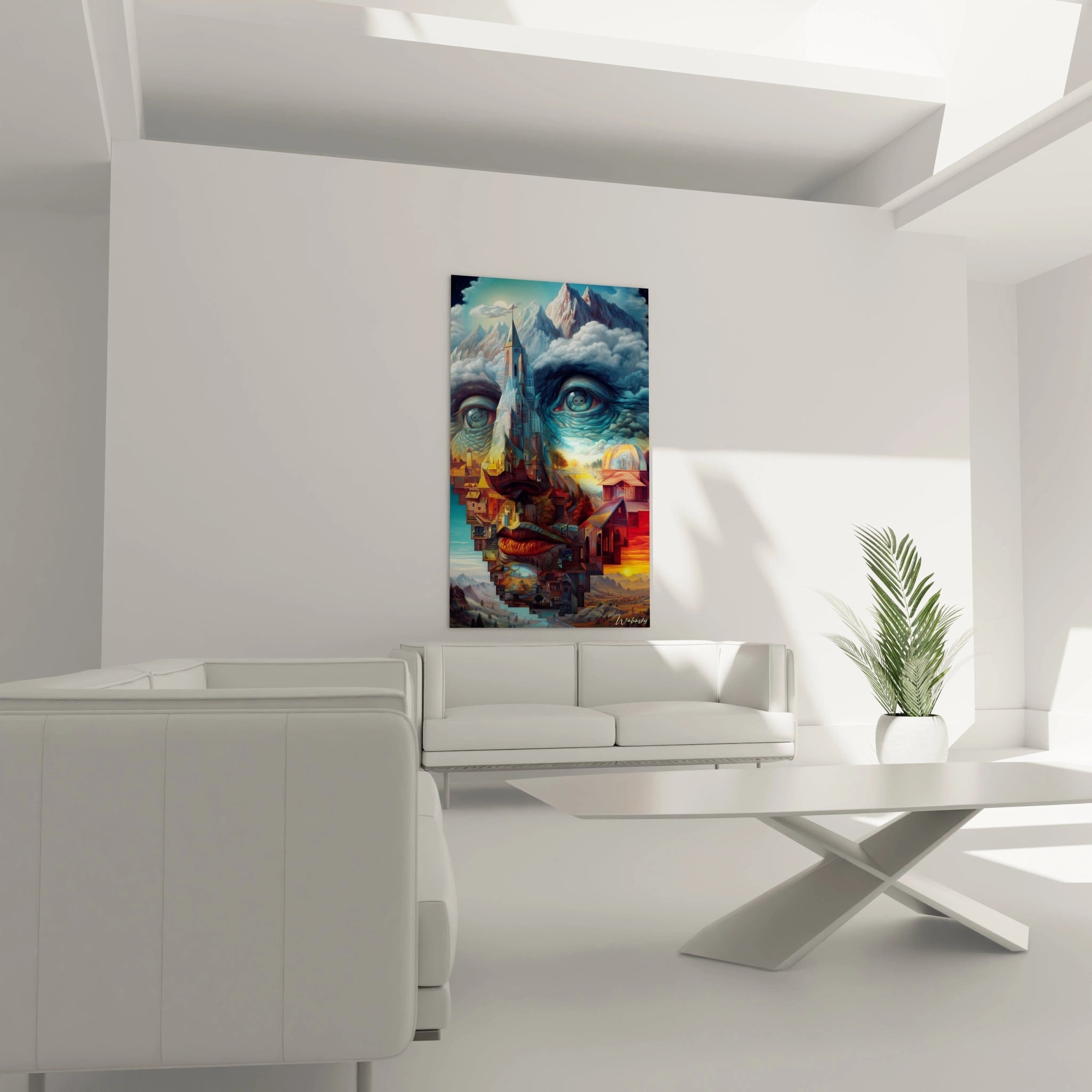 Tableau visage surréaliste Walensky sur toile colorée accroché au mur d'un salon minimaliste blanc avec canapé et plante