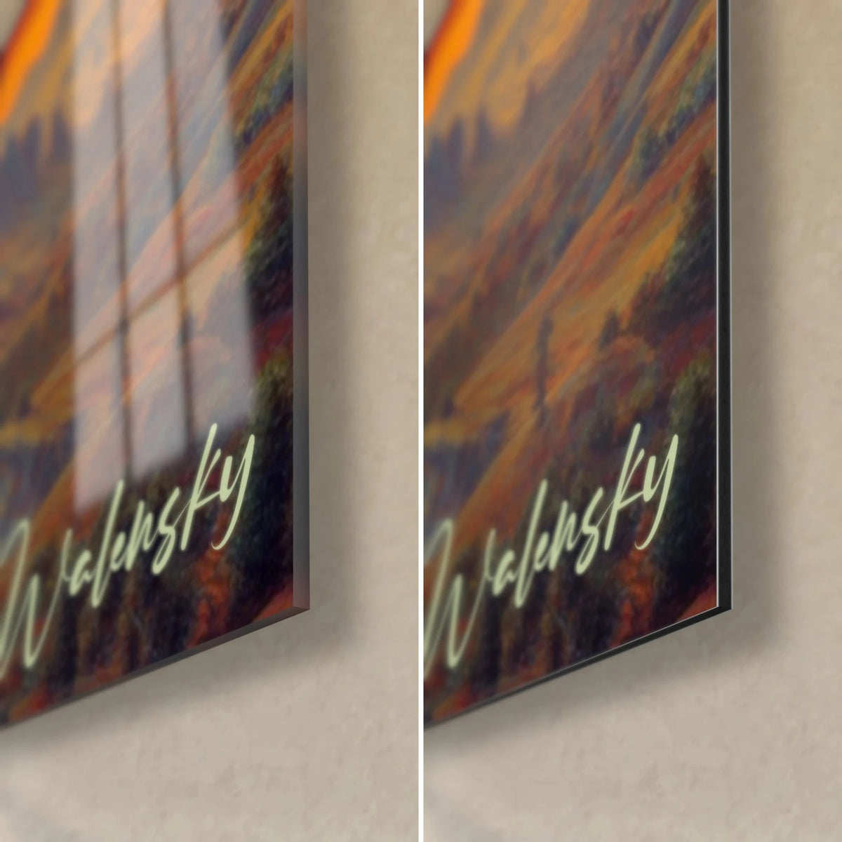 Gemälde surreales Stadt-Porträt, untere rechte Ecke mit ockerfarbenen und blauen Schlieren, glänzendes Acrylglas links, matte Dibond-Platte rechts