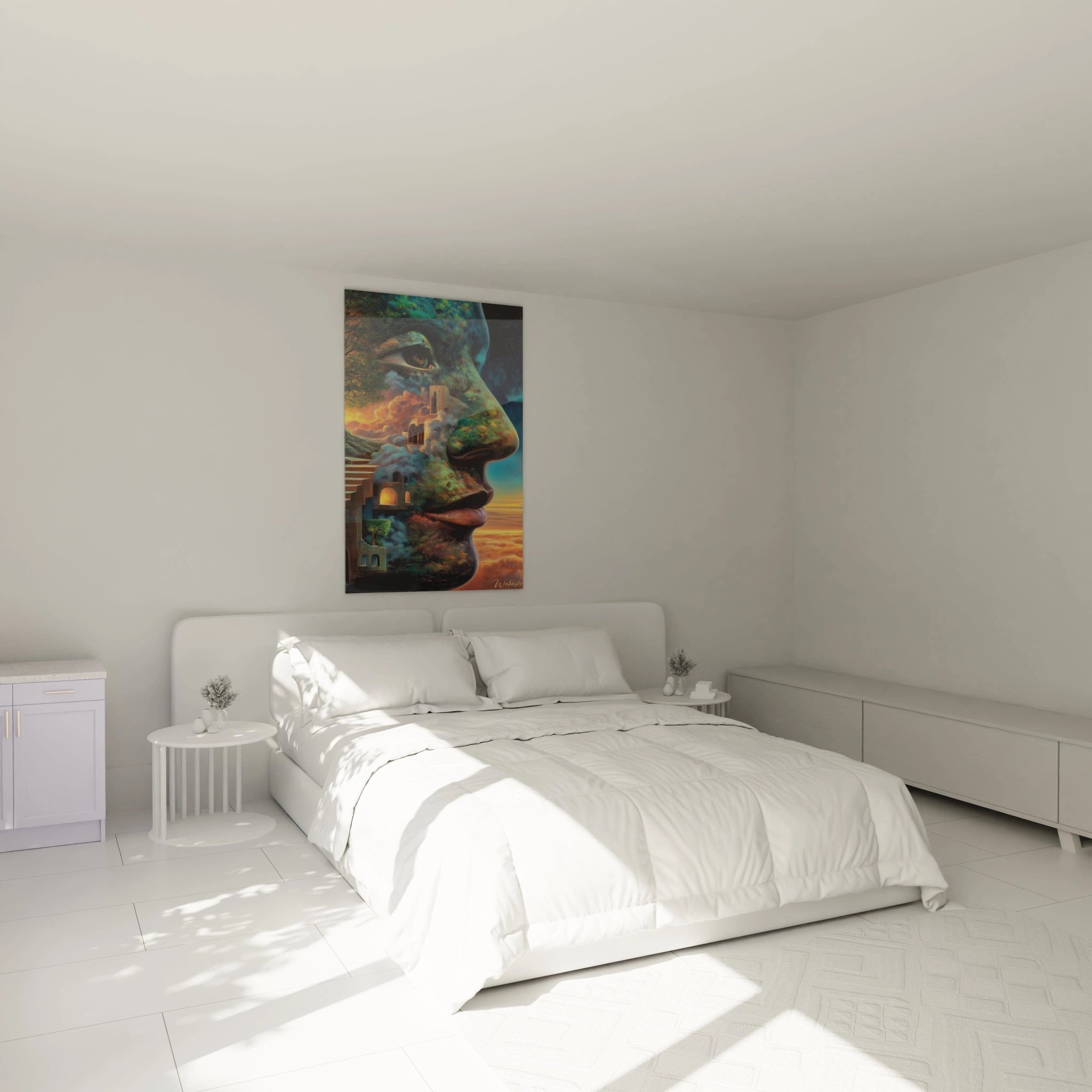 Tableau mural Walensky tableau surréaliste visage architectural accroché au dessus d un lit blanc minimaliste