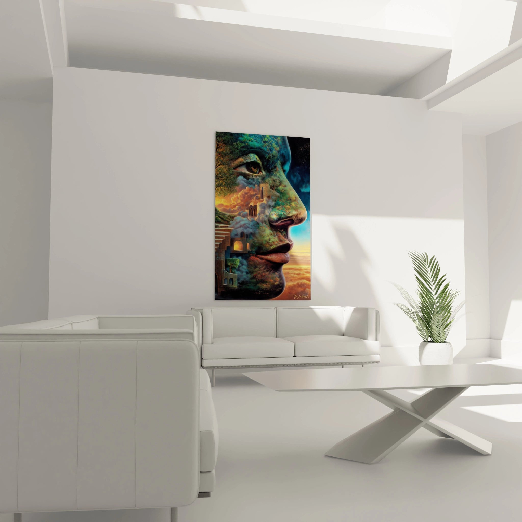Tableau mural Walensky tableau surréaliste visage architectural coloré en profil accroché au-dessus d un canapé dans un salon moderne