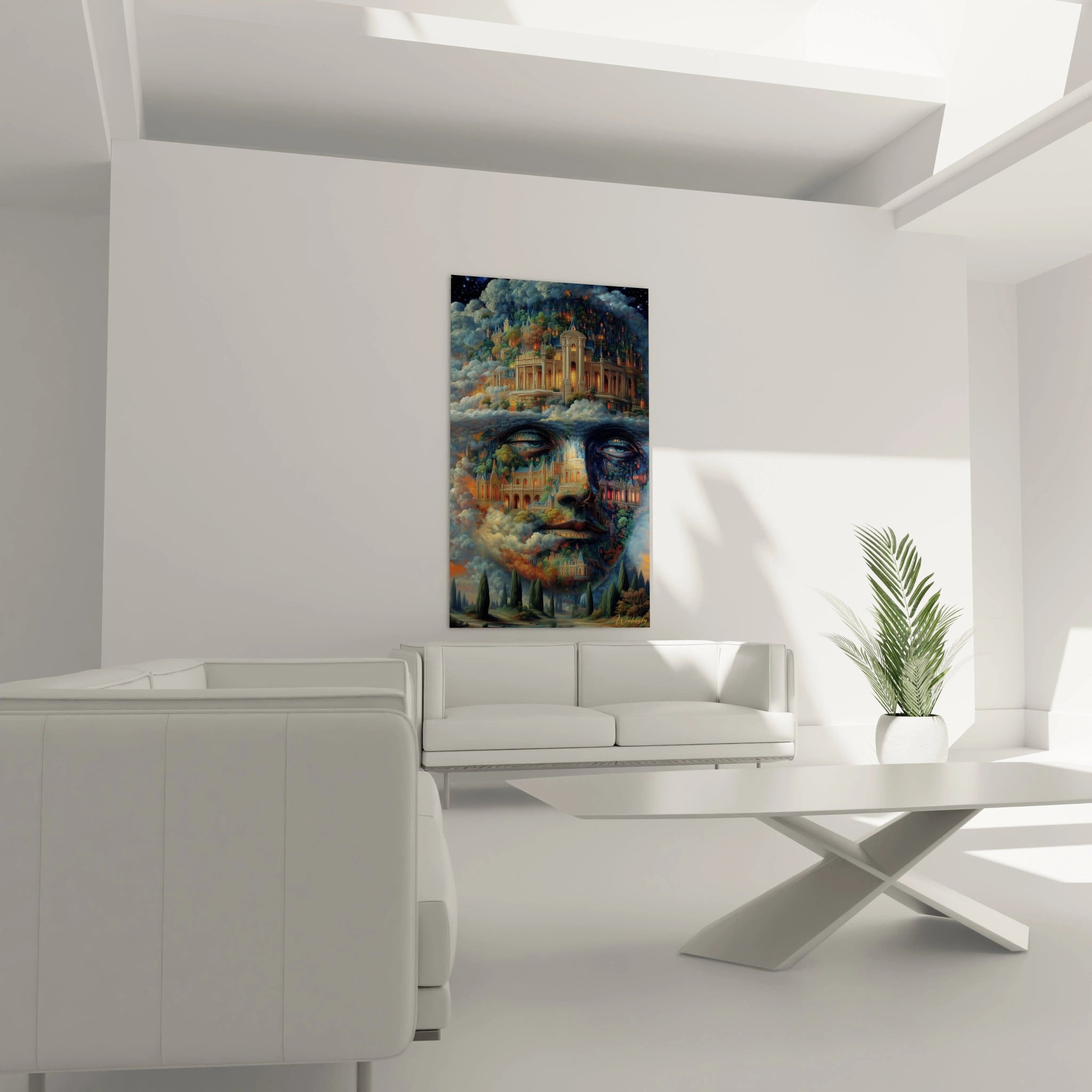 Walensky tableau surréaliste visage palais mural accroché au dessus d'un canapé blanc dans un salon moderne lumineux