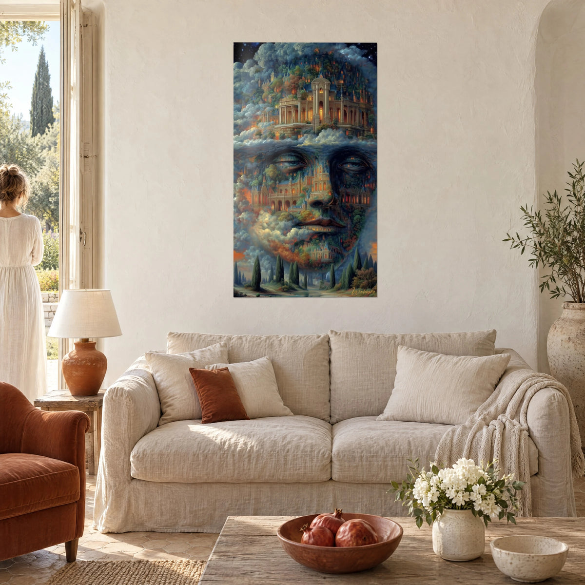 Gemälde Steingesicht aus kaskadenförmigen Palästen, mitternachtsblaue Wolken und orangefarbene Lichter, über einem Sofa in einem hellen Wohnzimmer