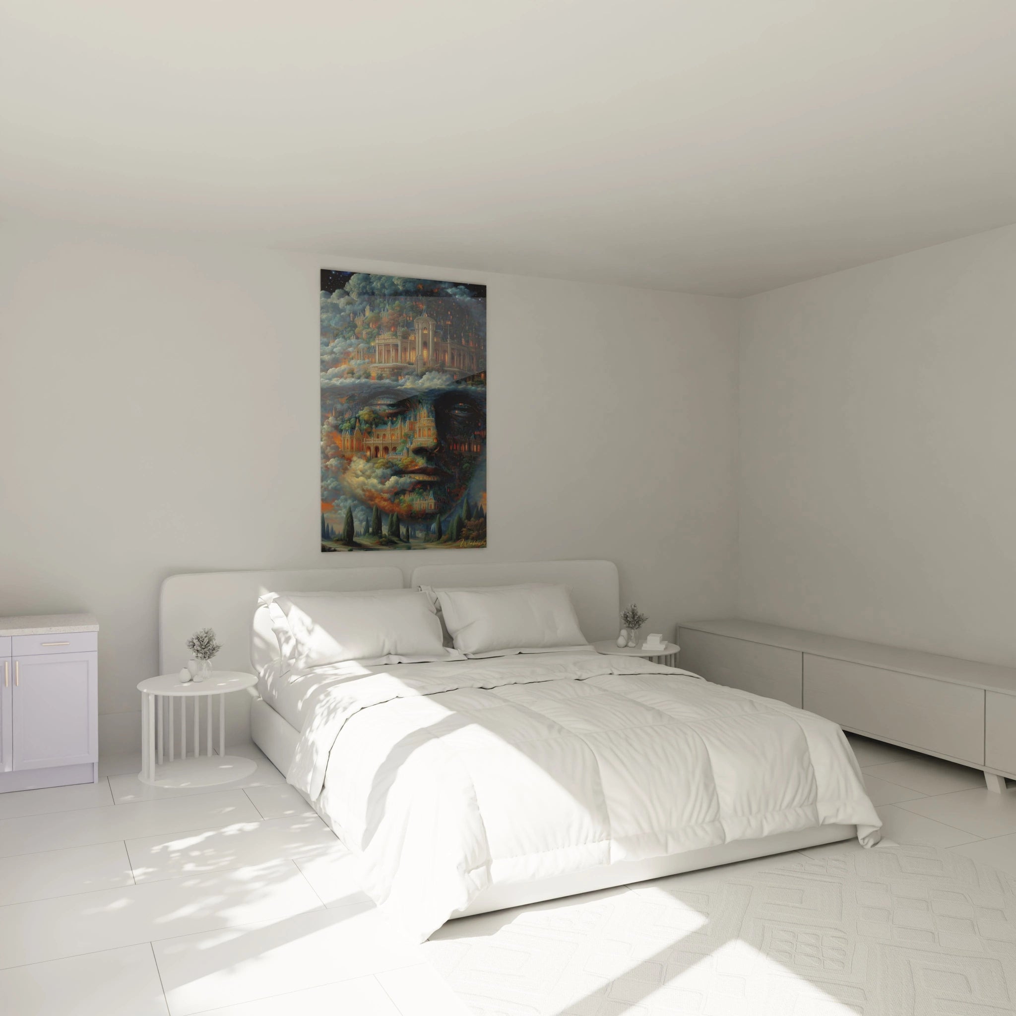 Tableau mural Walensky montrant un tableau surréaliste visage palais aux couleurs chaudes au dessus d un lit minimaliste