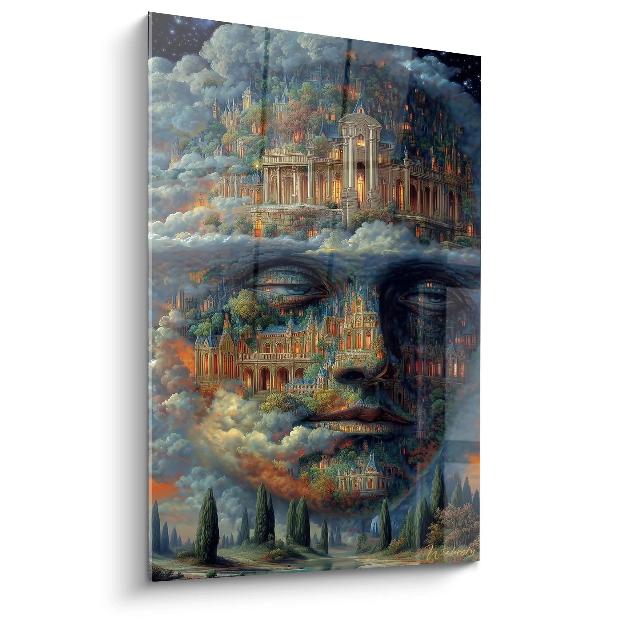 Walensky tableau surréaliste visage palais mural montrant un visage géant composé de palais nuages et cyprès