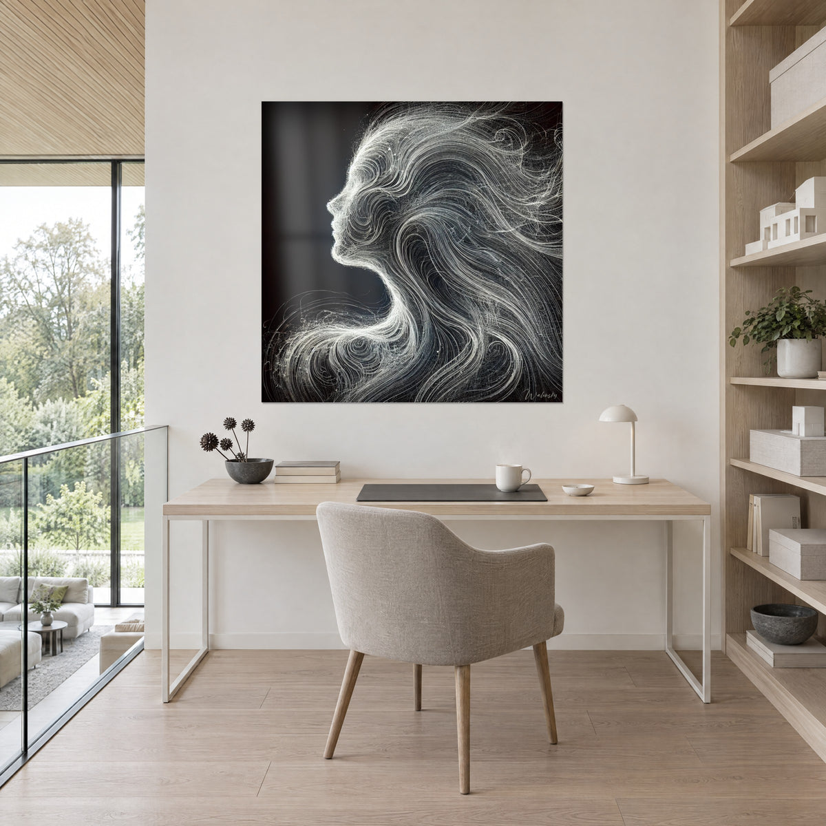 Tableau femme de profil en volutes de fils blancs sur fond noir, au-dessus d'un bureau en bois clair et d'une chaise grise