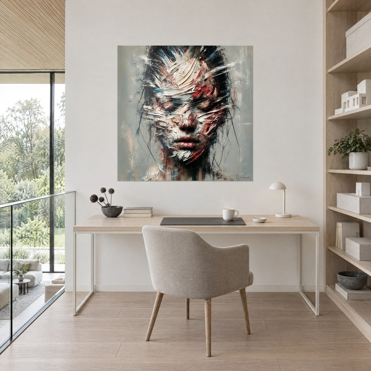 Schilderij abstract gezicht gemodelleerd met het paletmes, zachtroze en baksteenrode tinten, boven een bureau van licht hout