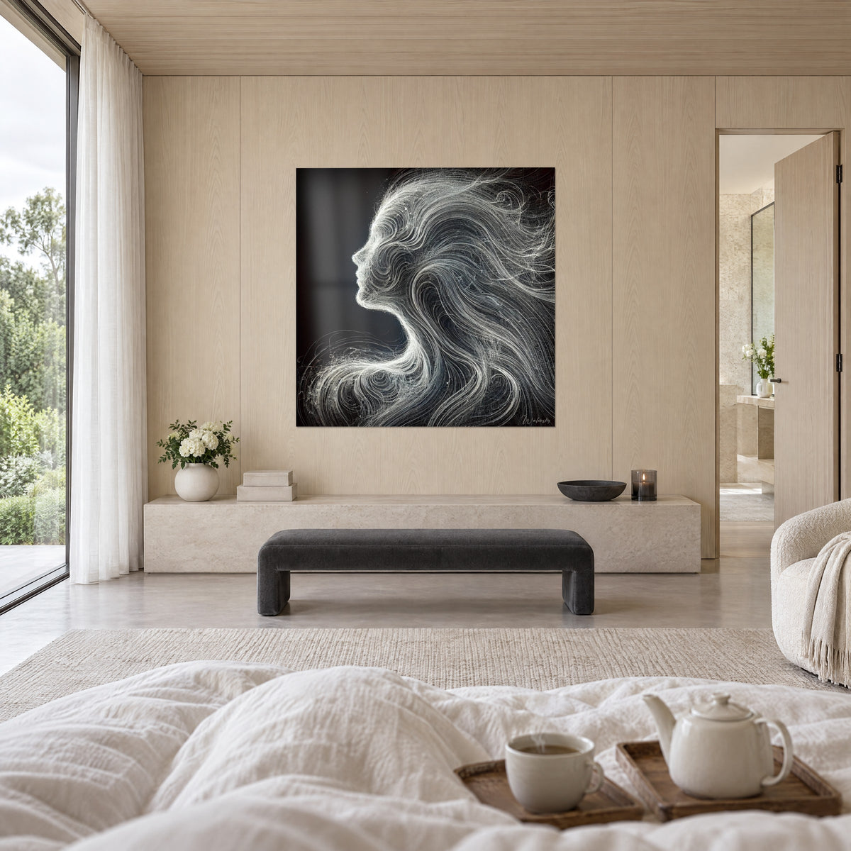 Tableau chevelure ondoyante en traits blancs sur fond noir, face à un banc gris anthracite, au-dessus d'un lit dans une chambre claire
