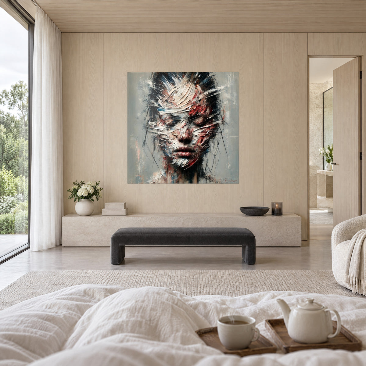 Schilderij verfmasker in crème en rood op grijsgroene achtergrond, hoog opgehangen, boven een bed in een lichte slaapkamer