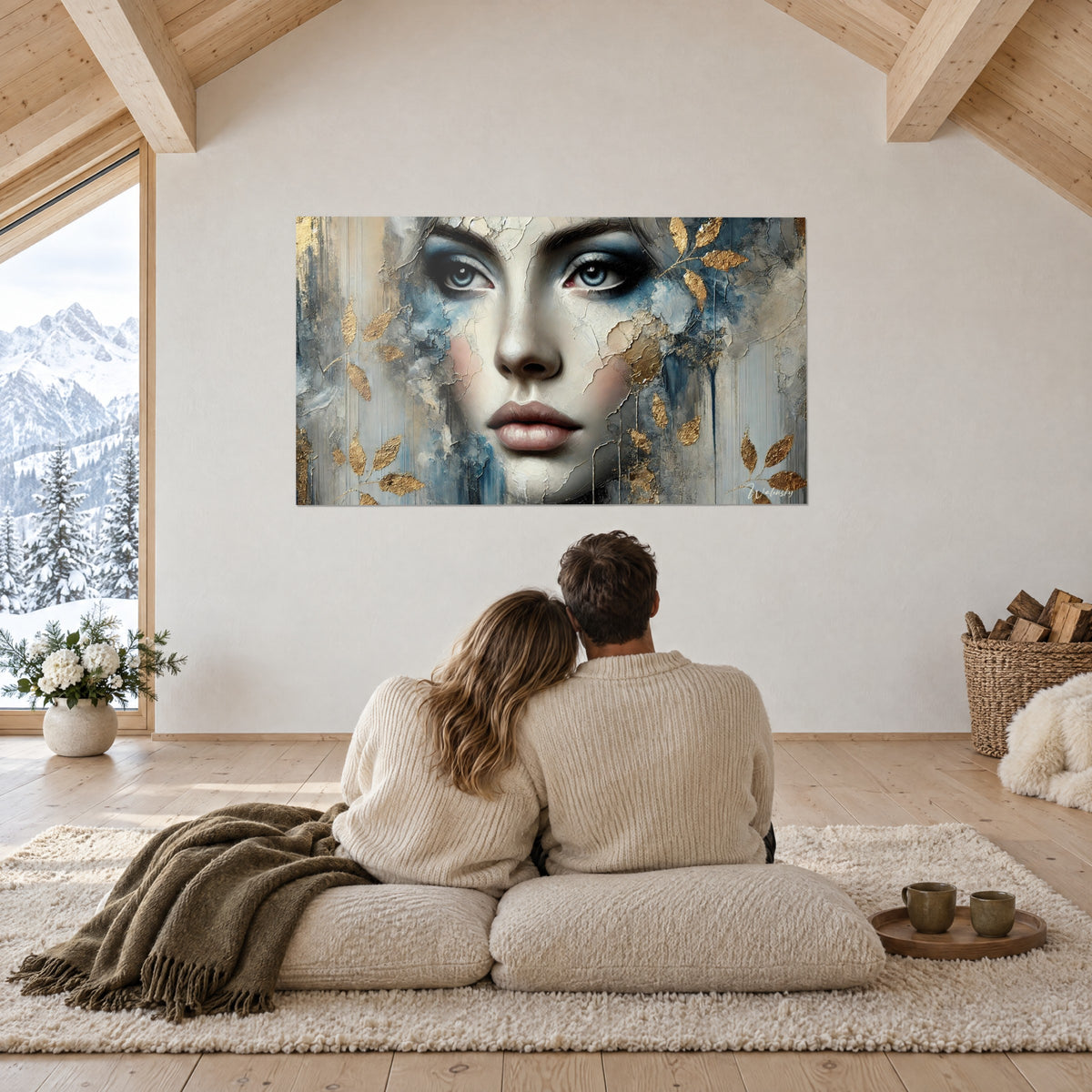 Tableau visage aux lèvres roses et feuillage doré, bleu et ivoire, un couple de dos sur des coussins devant un chalet de montagne
