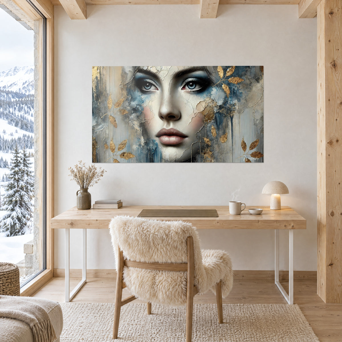 Tableau masque féminin fissuré aux feuilles dorées éparses, bleu profond et gris perle, face à un bureau en bois clair