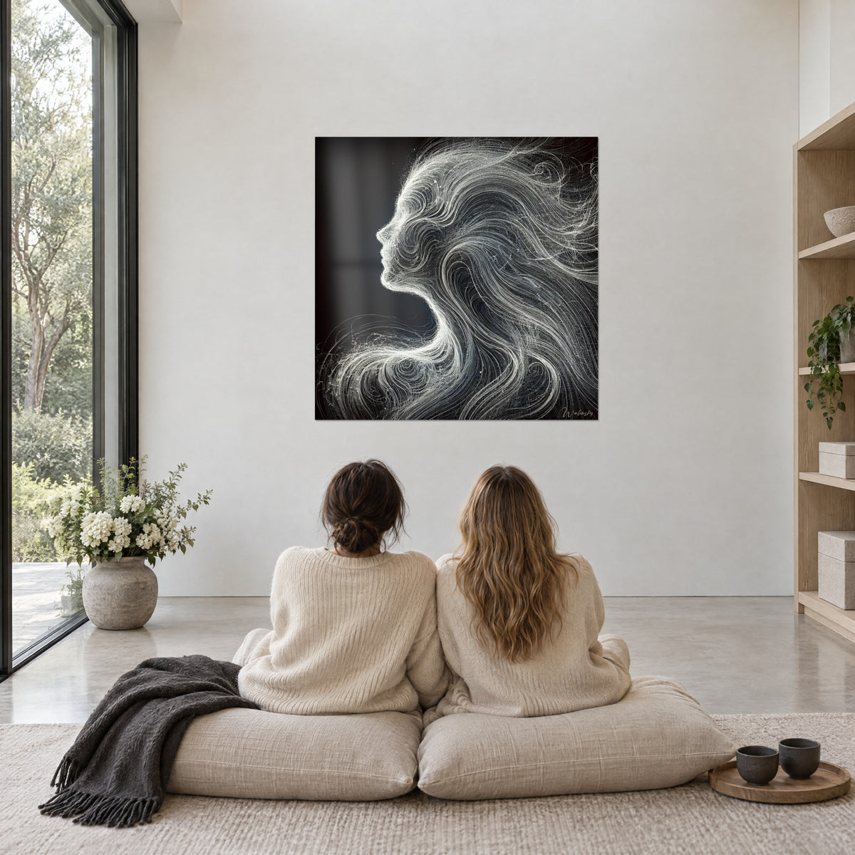 Tableau visage éthéré aux tourbillons de cheveux gris et blancs, admiré par deux femmes assises sur des coussins beiges devant une baie vitrée