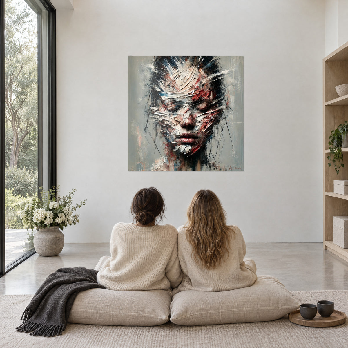 Schilderij blik gesluierd door witte en rode verfveren, twee vrouwen van achteren in crèmekleurige truien, zittend met het gezicht naar de muur