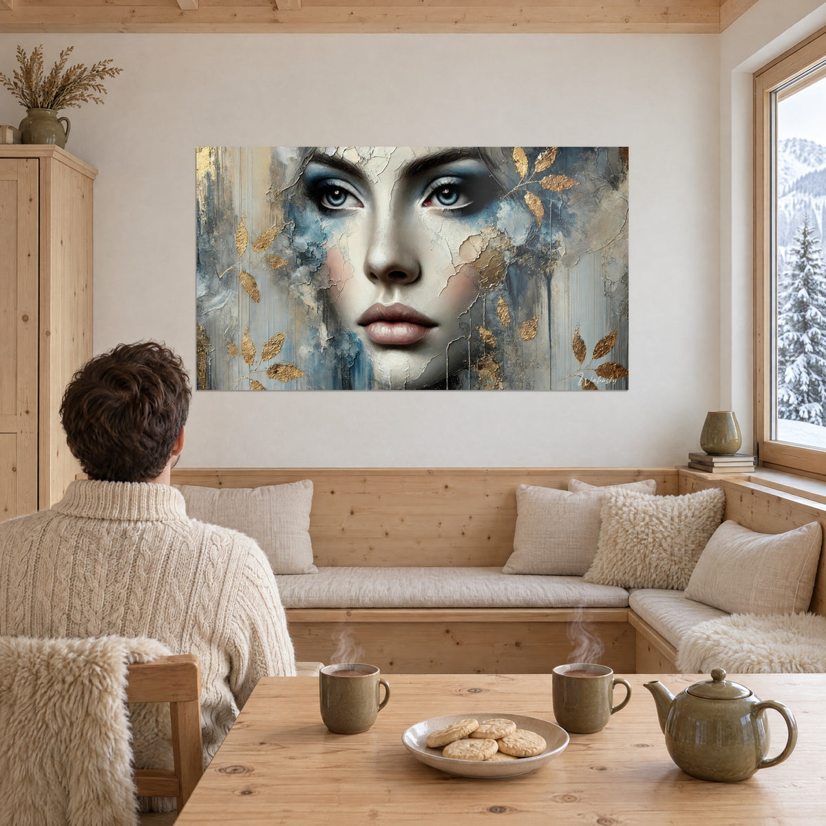 Tableau femme au regard fixe, fissures ivoire et touches bleu ardoise, un homme en pull crème de dos près d'une baie vitrée enneigée