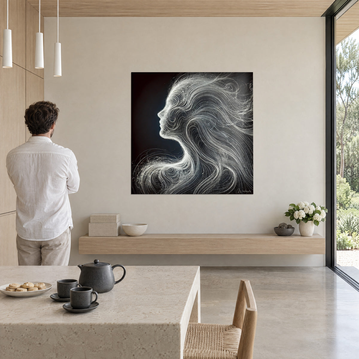 Tableau portrait fantomatique aux boucles argentées et fond noir bleuté, contemplé par un homme en chemise blanche dans un salon à baie vitrée