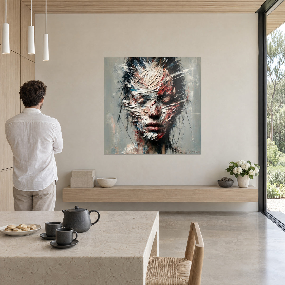 Schilderij vrouwelijke figuur met gesloten ogen, beige en rode strepen, een man in wit overhemd van achteren die het doek bewondert
