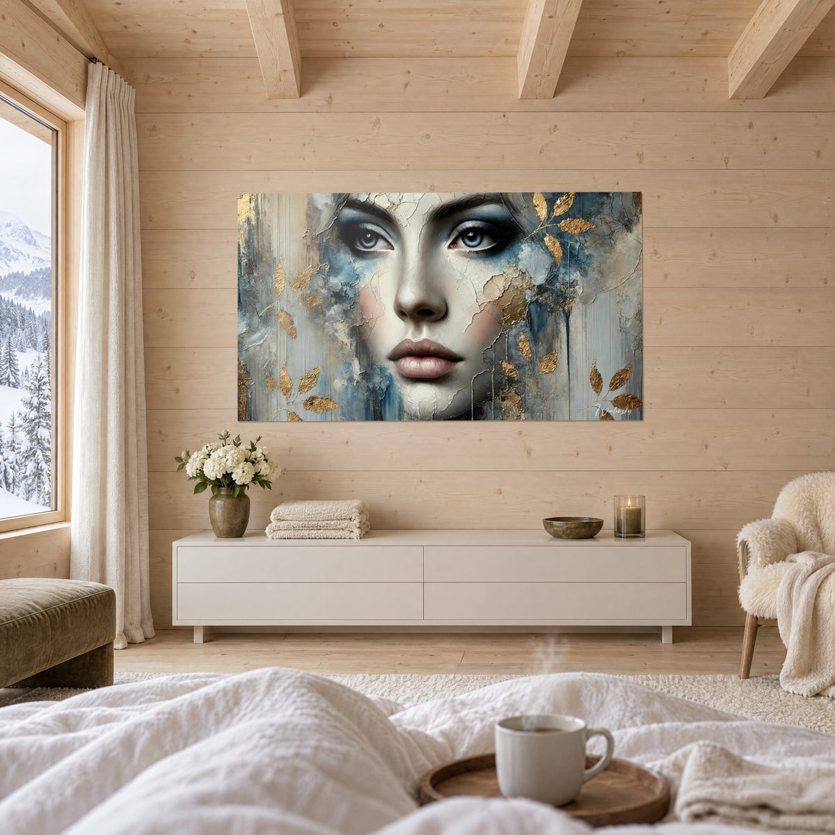 Tableau regard bleu perçant entouré de feuilles d'or et de peinture écaillée, au-dessus d'un lit dans une chambre claire