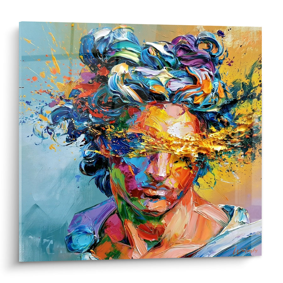 Tableau Visage au bandeau doré et bleu éclaté - Pensée en éruption - Edition Visage