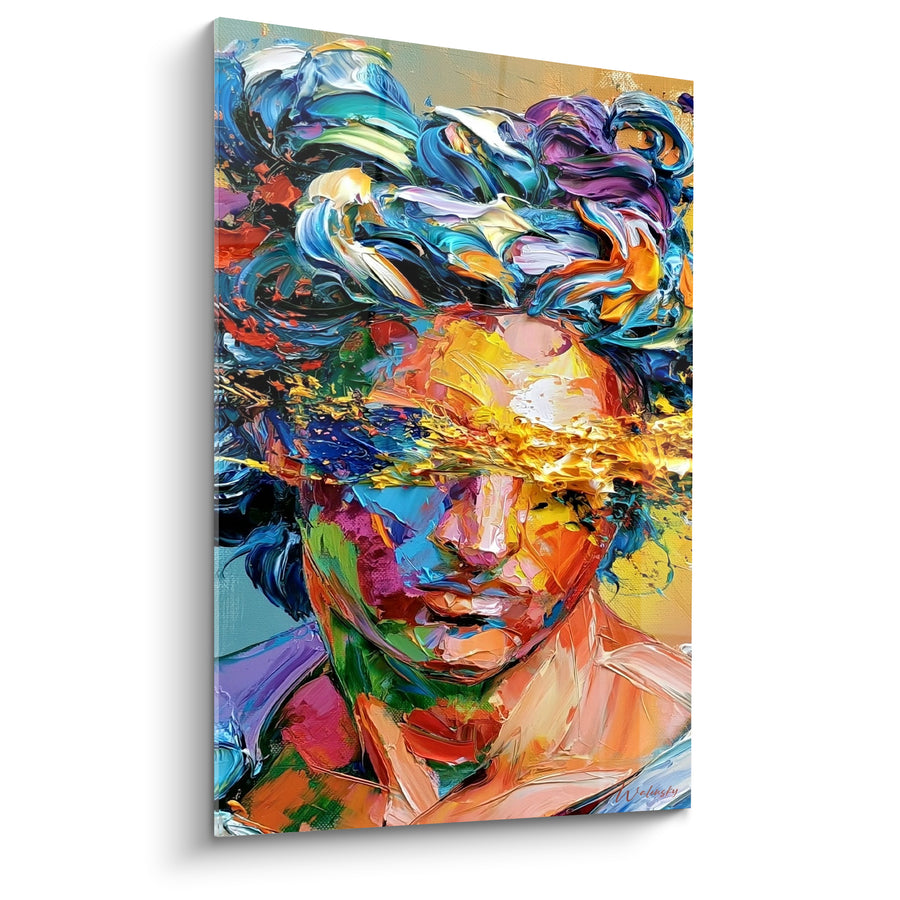 Tableau Visage bleu et orange à mèches vives - Éclat intérieur - Edition Visage