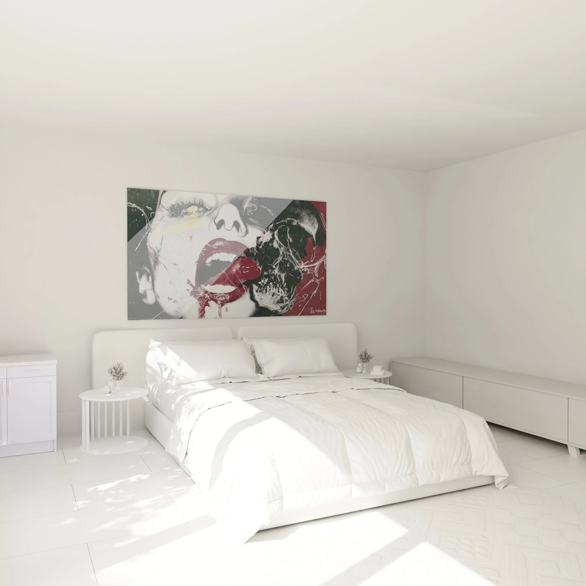 Walensky tableau visage beauté contemporain accroché au dessus d un lit blanc visage stylisé aux lèvres rouges