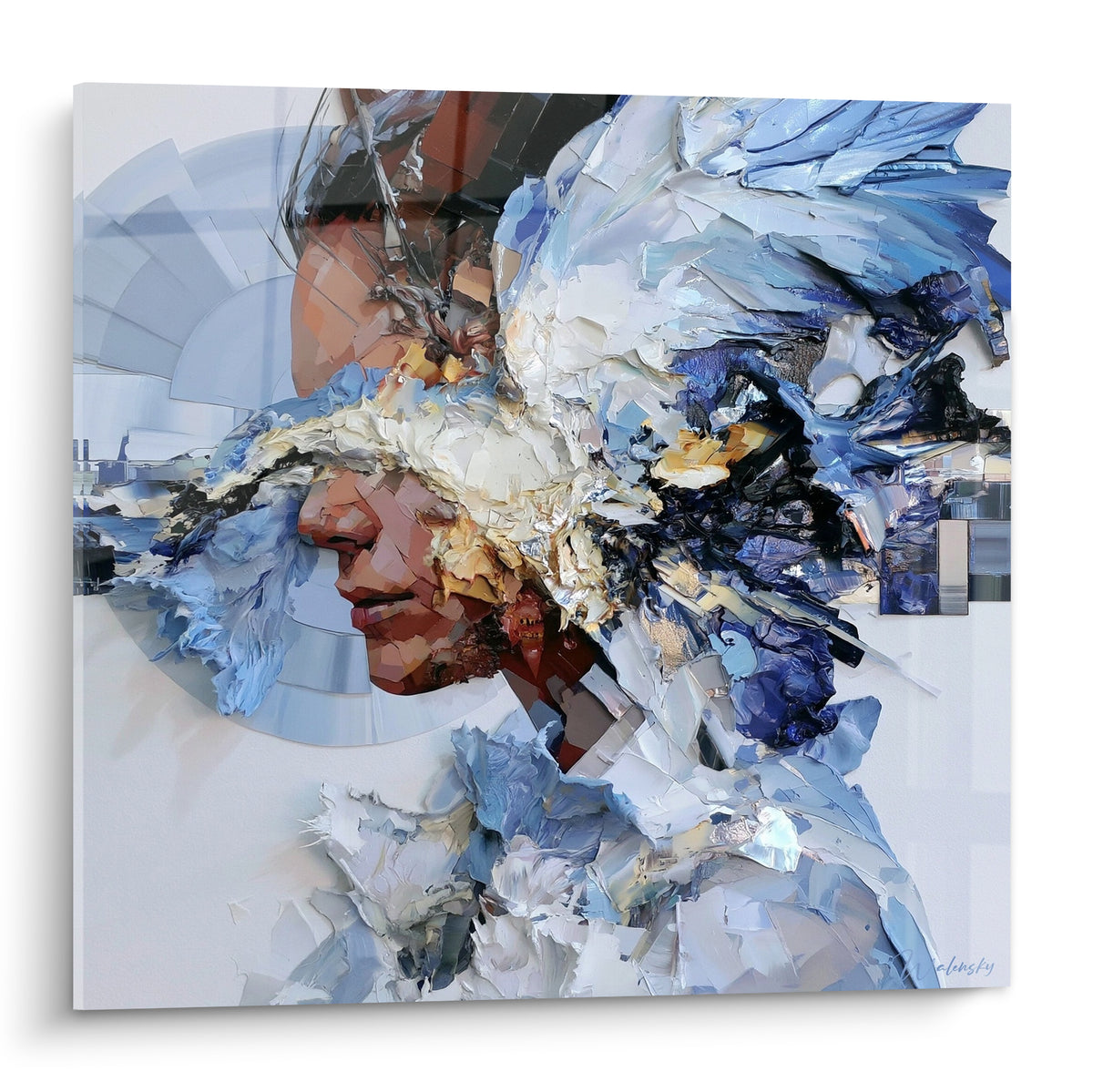 Visage fragmenté aux empâtements bleu marine et blancs, profil ocre traversé de matière picturale