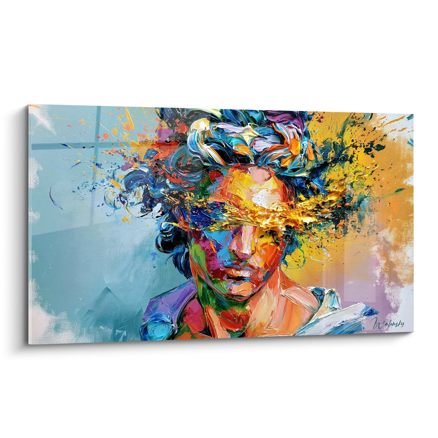 Tableau Visage éclaté aux touches bleues et dorées - Éruption mentale - Edition Visage
