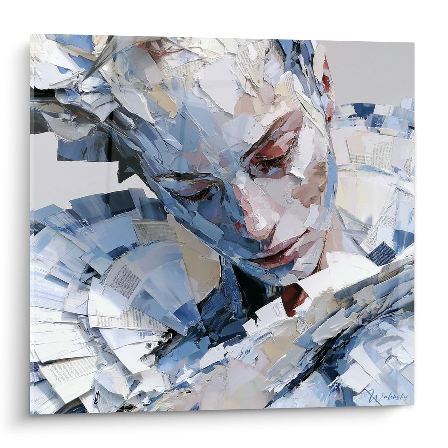 Tableau Visage penché aux pages bleues froissées - Introspection fragmentée - Edition Visage