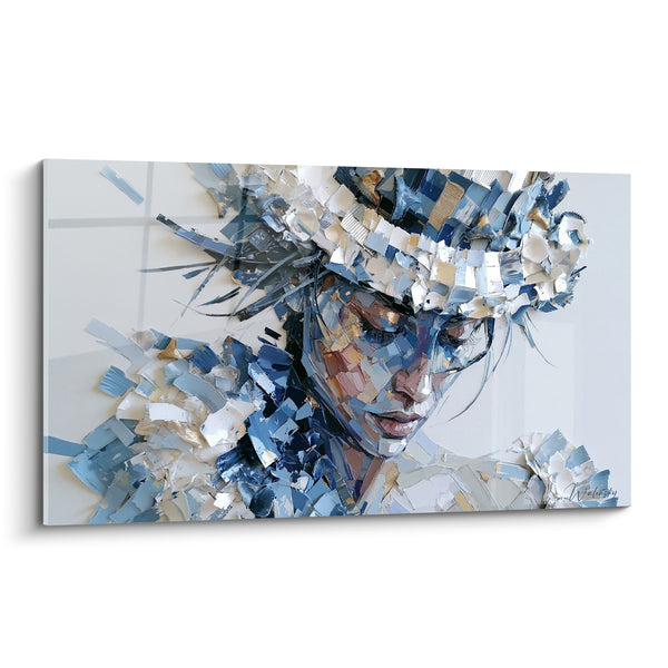 Tableau Chapeau bleu et blanc aux pétales sculptés - Épaule effilochée argentée - Edition Visage