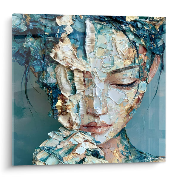 Tableau Portrait féminin texturé bleu et ivoire - Pensée suspendue - Edition Visage