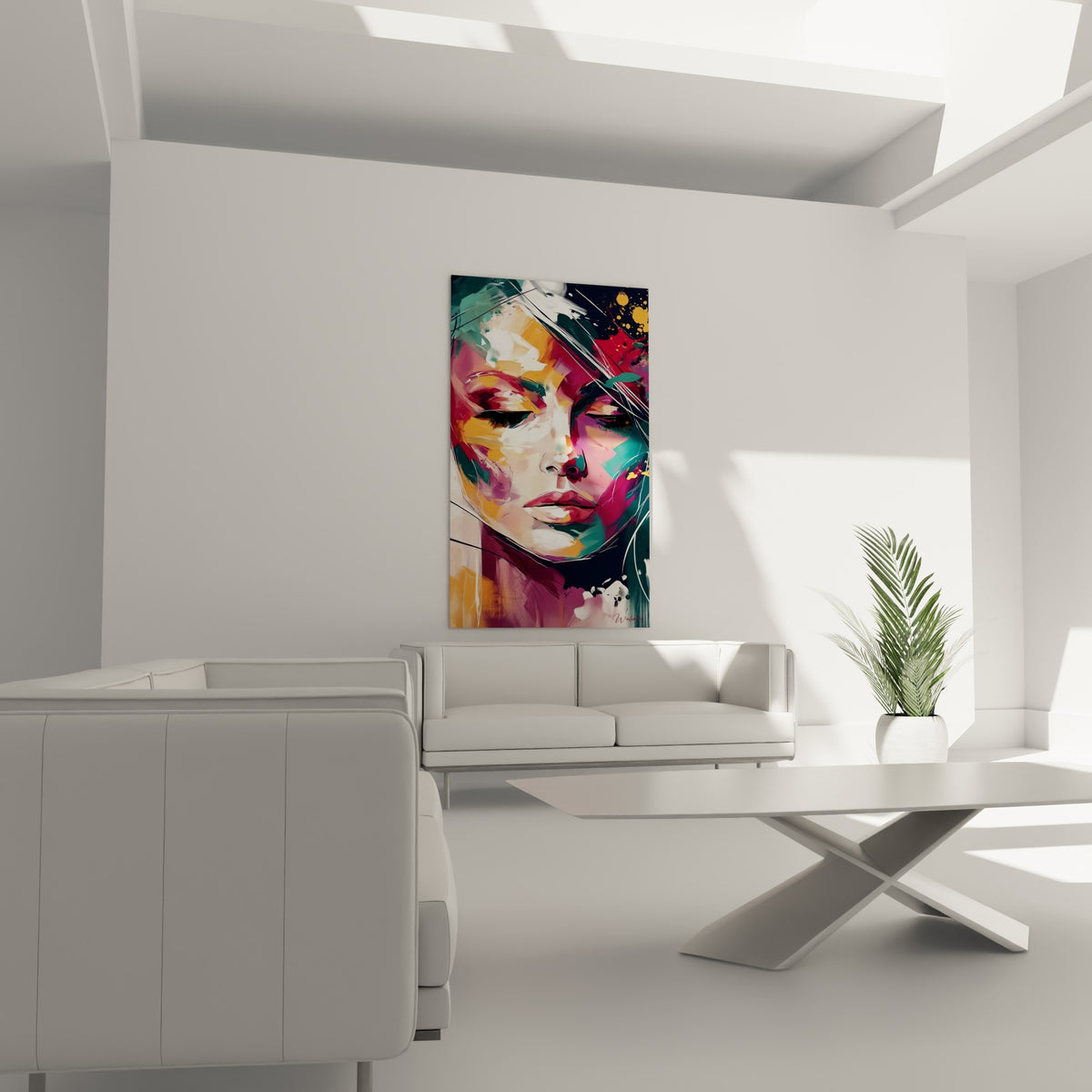 Femme au regard baissé, tons bordeaux et sarcelle, au-dessus d'un canapé dans un salon lumineux