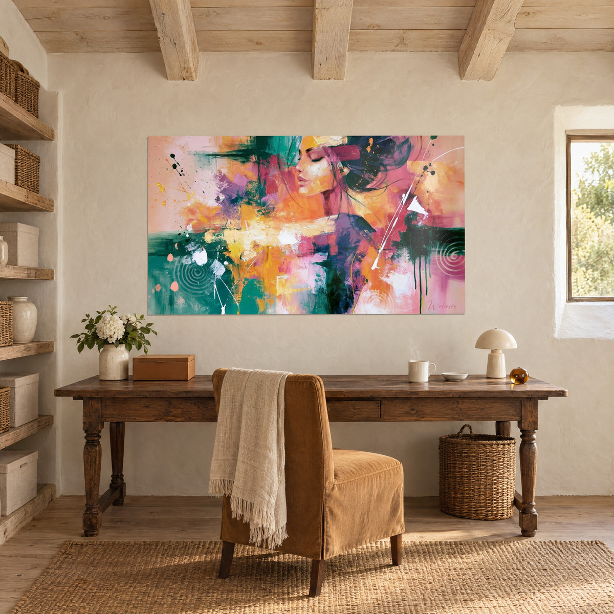 Wall art female silhouette in palette-knife strokes, dark green drips on pink and orange, above a wooden desk