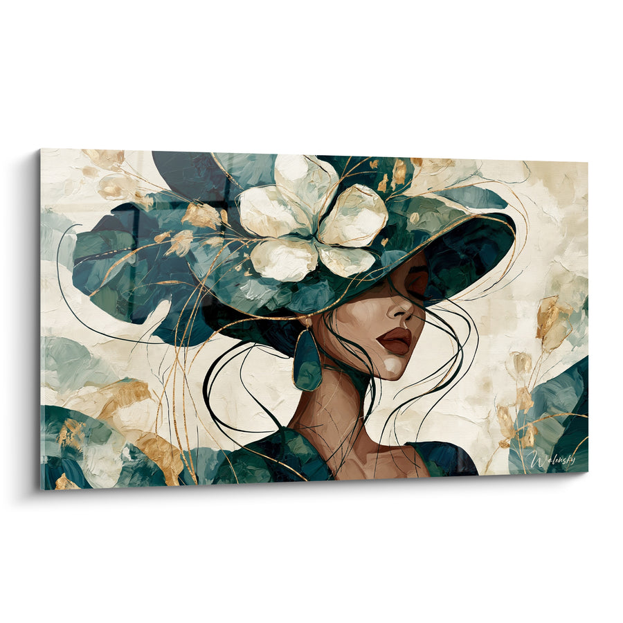 Tableau Femme au chapeau bleu canard et doré - Rêverie feutrée - Edition Visage