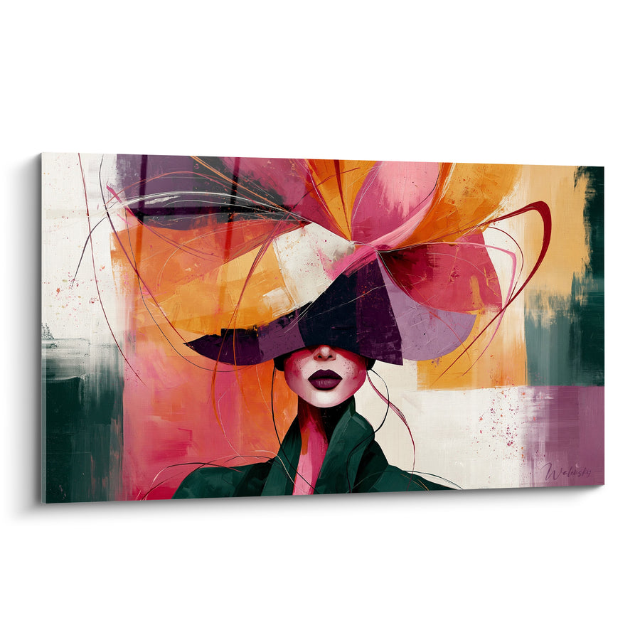 Tableau Silhouette au chapeau fleuri orange et violet - Mystère voilé - Edition Visage