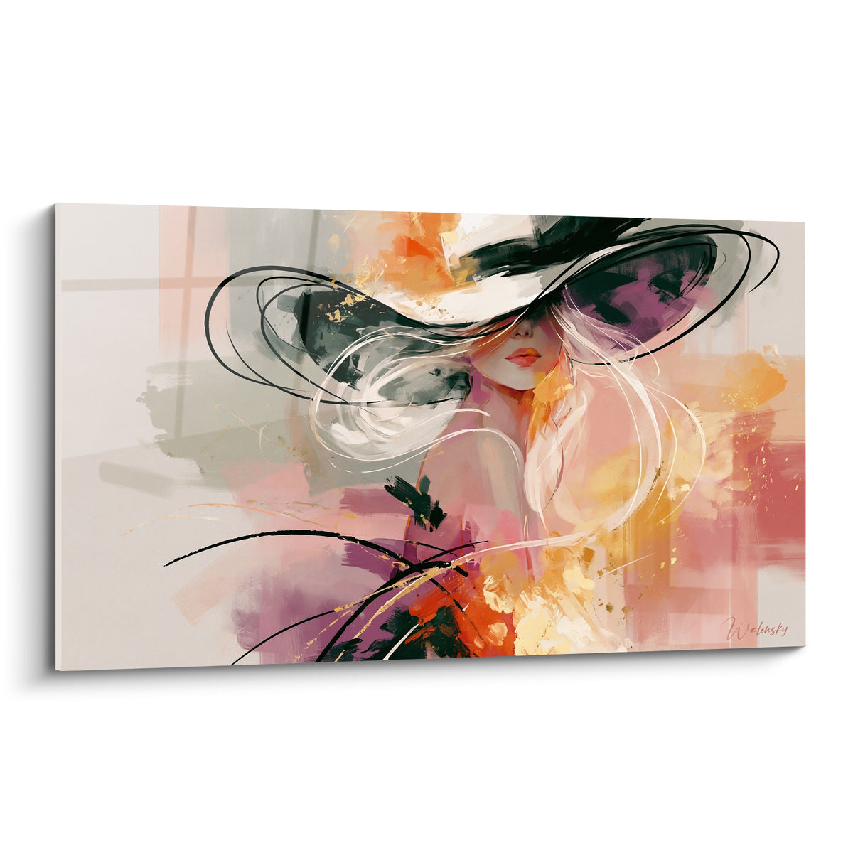 Femme au chapeau noir Visage, mèches blanches, fond rose terracotta et doré abstrait