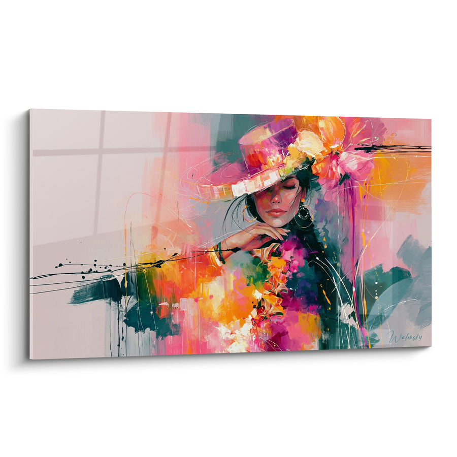 Tableau Femme au chapeau rose et orange à créoles - Bracelet argenté au poignet - Edition Visage