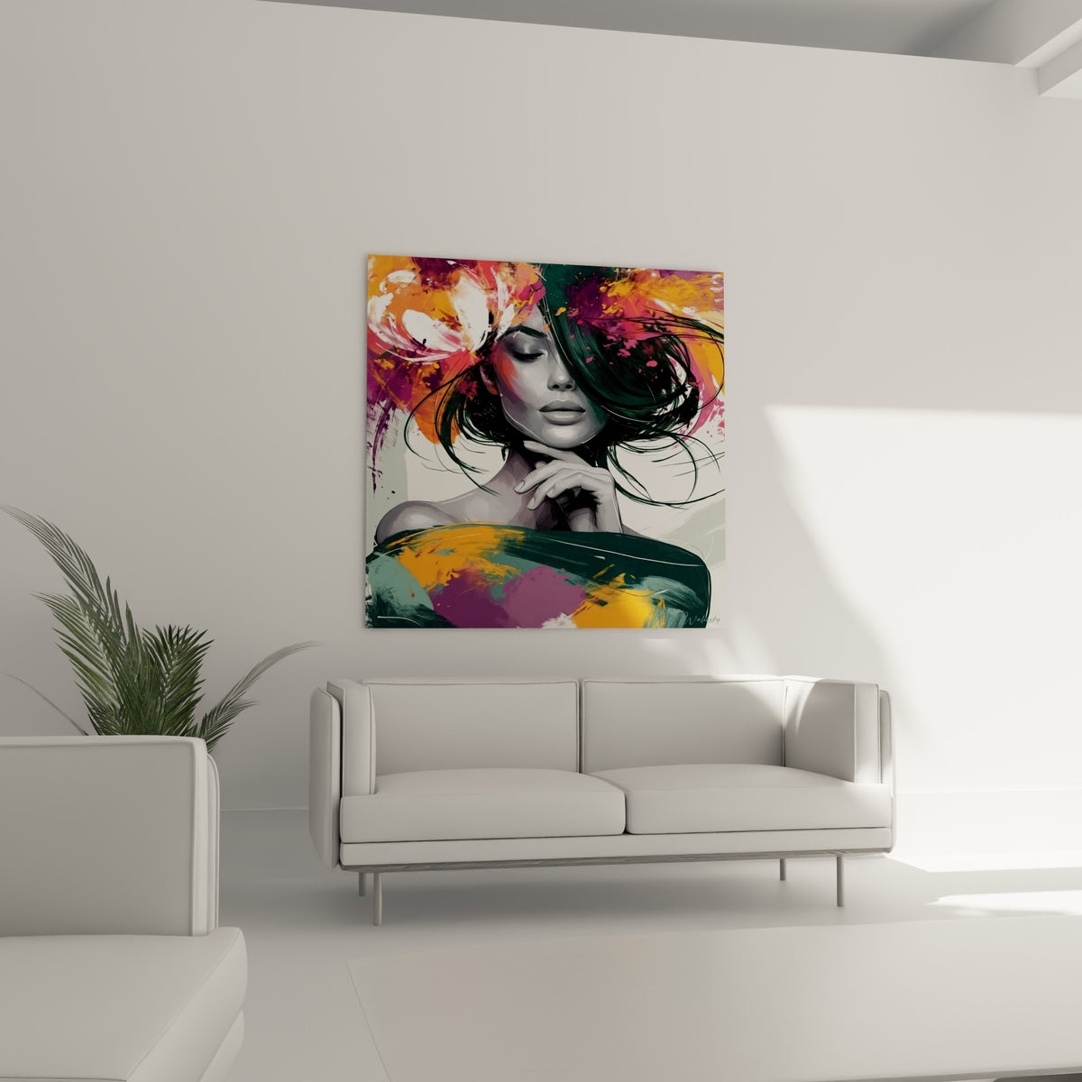 Femme au regard clos entourée d'orange et de vert émeraude, suspendue au-dessus d'un canapé dans un salon lumineux