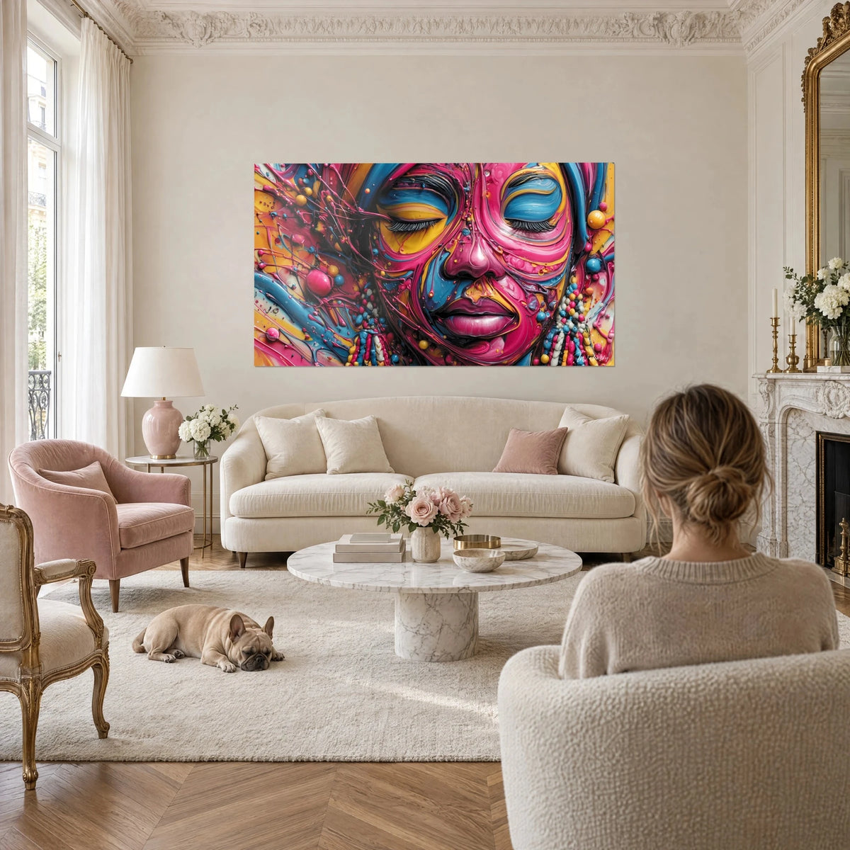 Cuadro de rostro de diosa con párpados cerrados, fucsia y azul turquesa, encima de un sofá en un salón luminoso
