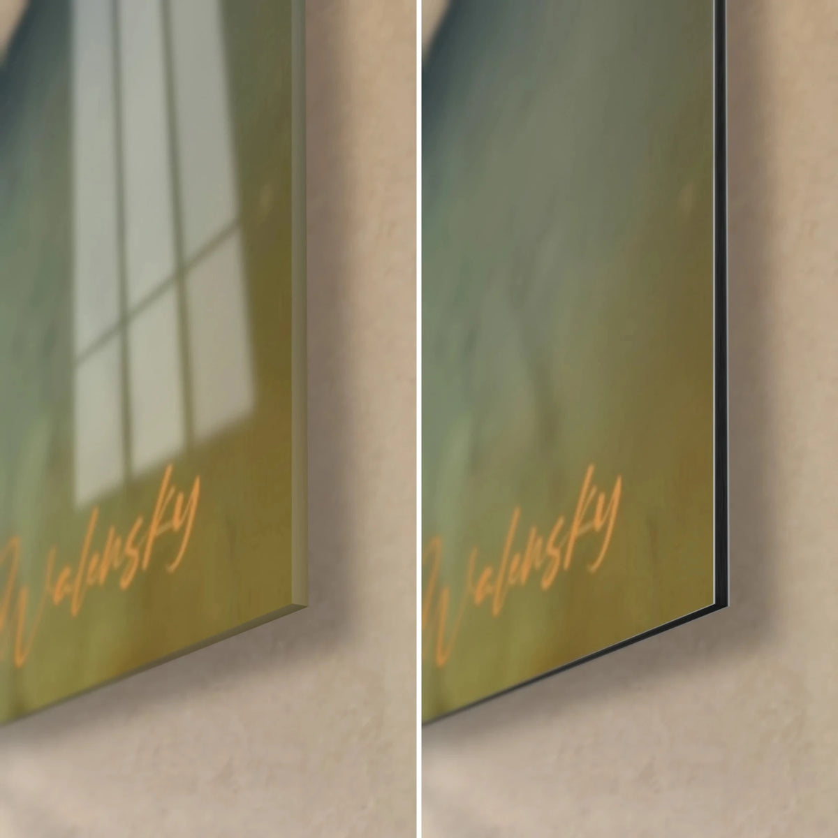 Quadro Volto tribale in sfumature di blu e oro, angolo in basso a destra: vetro acrilico lucido con riflessi, alluminio Dibond opaco, spessore 3 mm