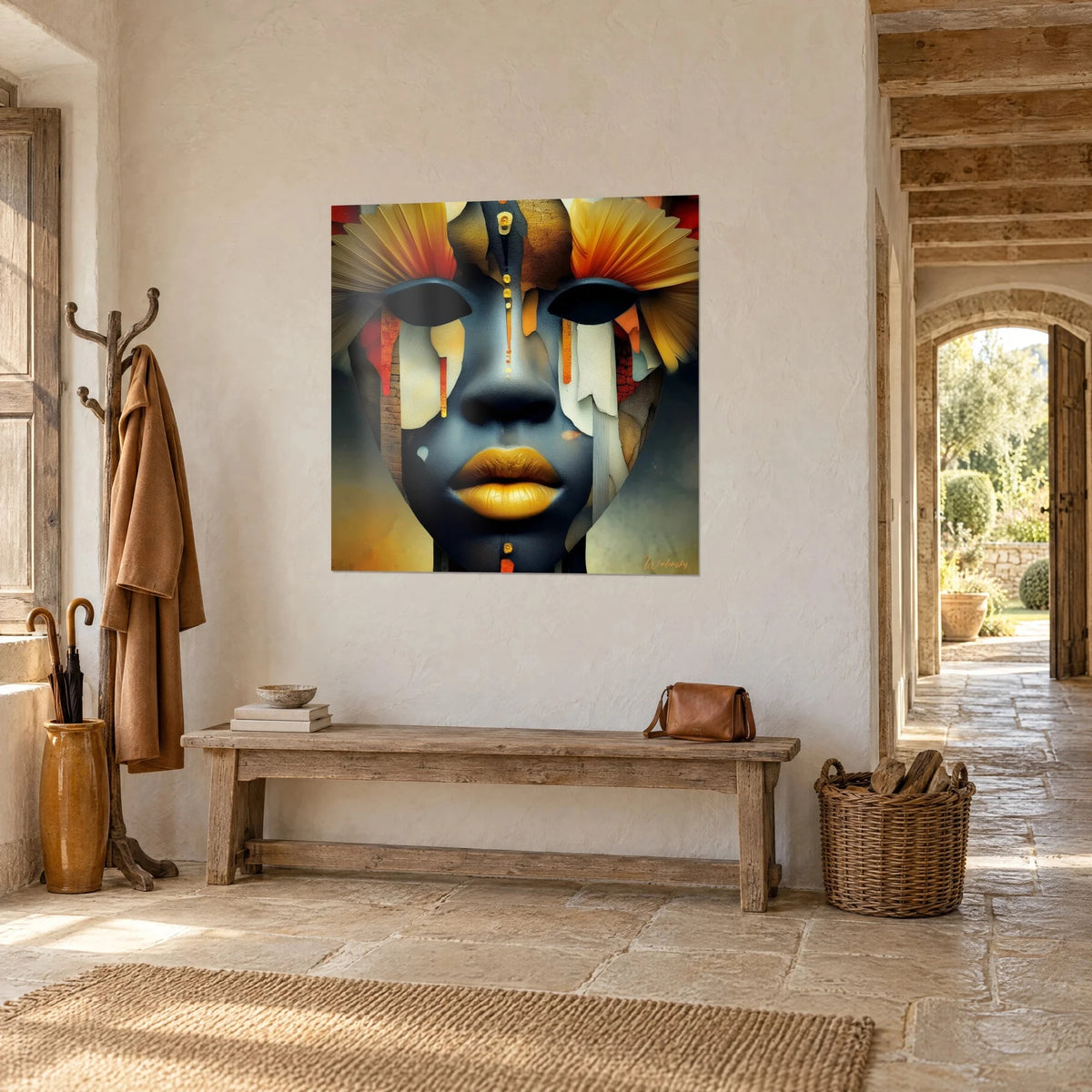 Quadro Ritratto stilizzato con palpebre nere e colature color ruggine su fondo ocra, parete di pietra color crema, panca in legno e arco aperto