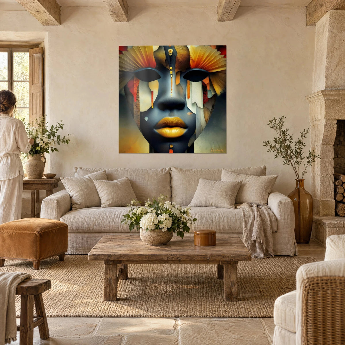 Quadro Maschera africana blu ardesia con labbra dorate e piume arancioni, due persone di spalle, sopra un divano in un soggiorno luminoso