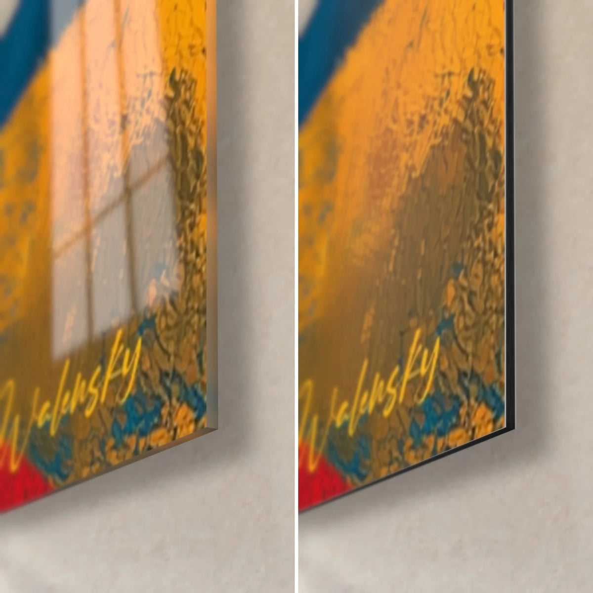 Wall art faceted yellow and blue face, bottom right corner: glossy acrylic glass on the left, matt black Dibond on the right, 3 mm edge
